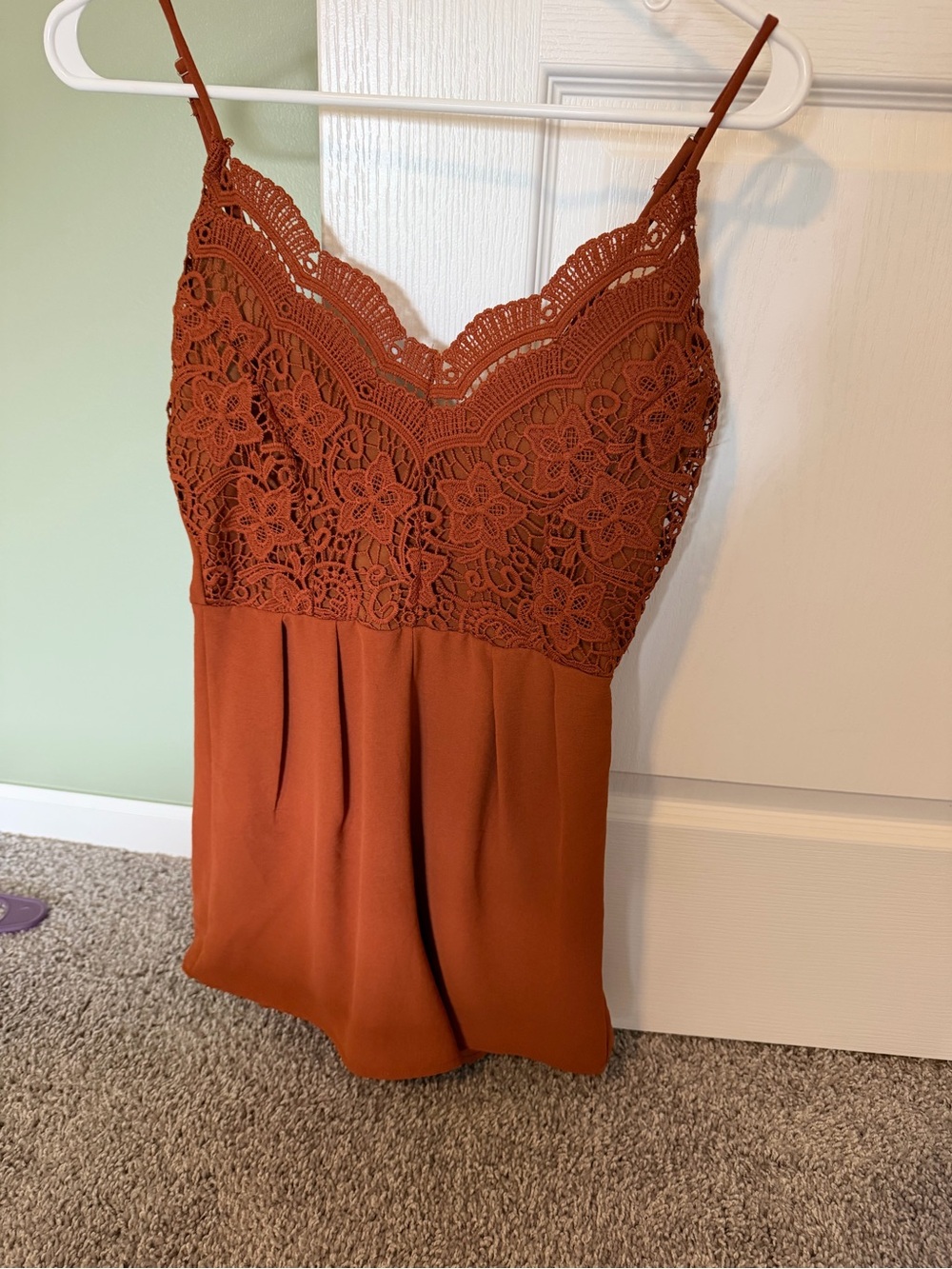 a'gaci Rust Crochet Lace Bodice Spaghetti Strap Romper